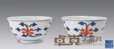 清道光 青花矾红花卉纹碗（一对） 直径8cm